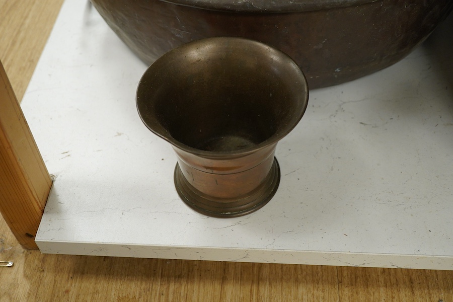 A Victorian copper copper, bronze mortar, and three other items